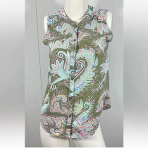 American Eagle Size S Green Tunic Top Sleeveless Paisley Print Button Front